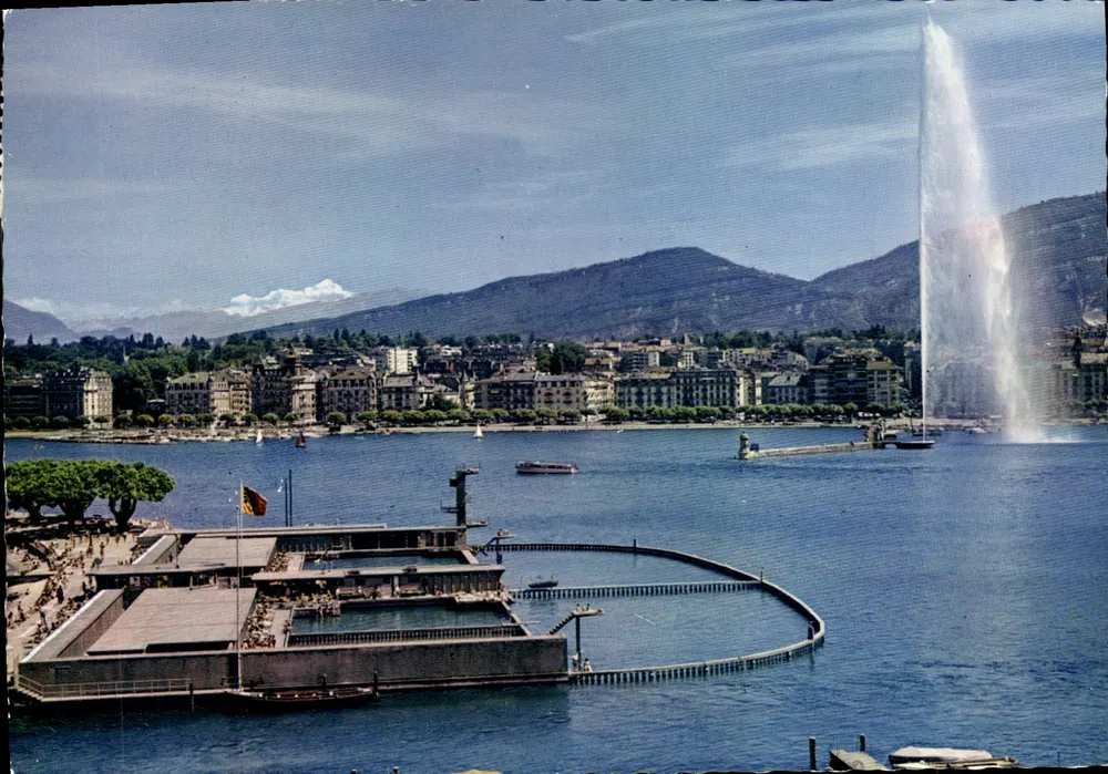 Genf — Der Jet d'Eau (120 m) und der Mont-Blanc (4810 m) — Éditions Jaeger - Vorderseite
