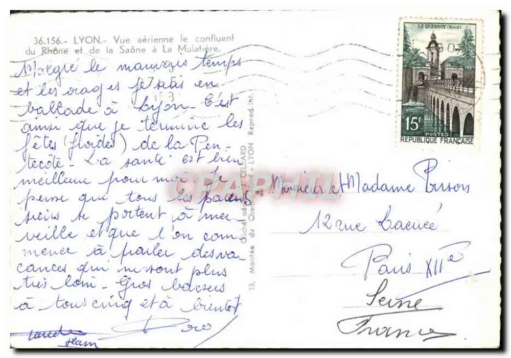 Luftbild des Zusammenflusses der Rhône und Saône in La Mulatière — Verlag: Montée du Chevillard, Lyon, Nr. 36.156 - Rückseite
