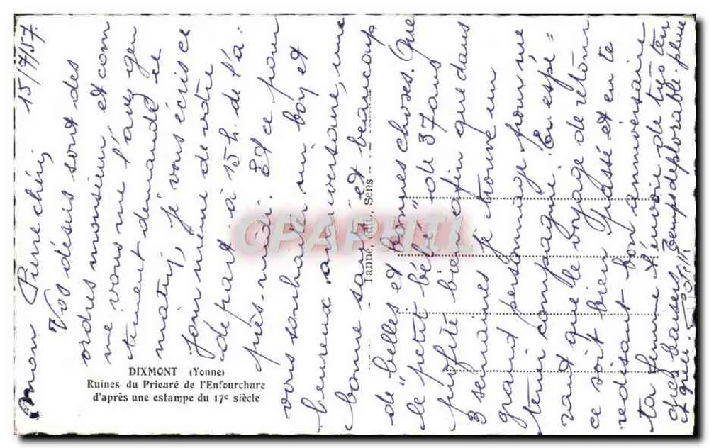 Ruinen des Prämonstratenserstifts l'Enfourchare — DIXMONT (Tenne) — nach einer Kupferstich aus dem 17. Jahrhundert - Rückseite