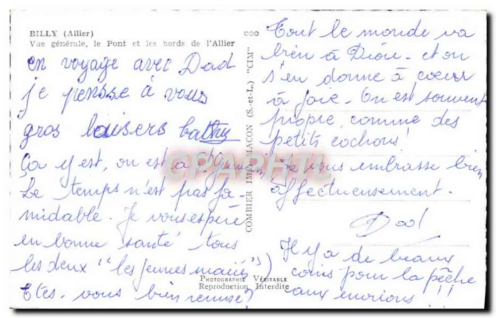 BILLY (Allier) — Vista general, el Puente y las orillas del Allier — Combiér Imprimeur (S.-et-L.) - Reverso