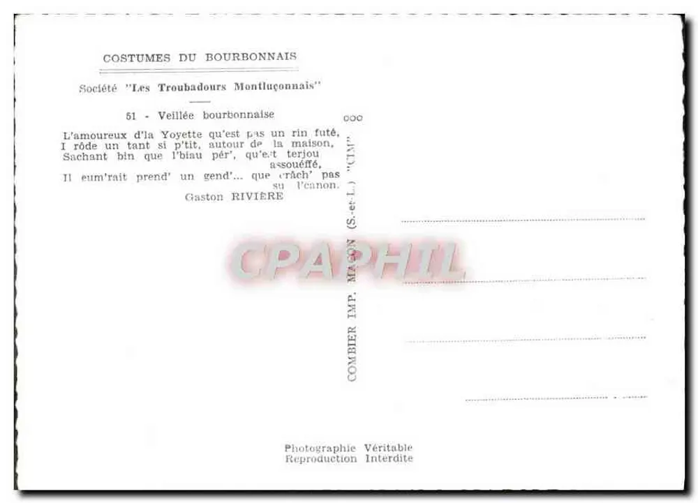 Kleidung aus dem Bourbonnais — Bourbonnais-Abend — Gesellschaft 'Les Troubadours Montluçonnais' Nr. 51 - Rückseite