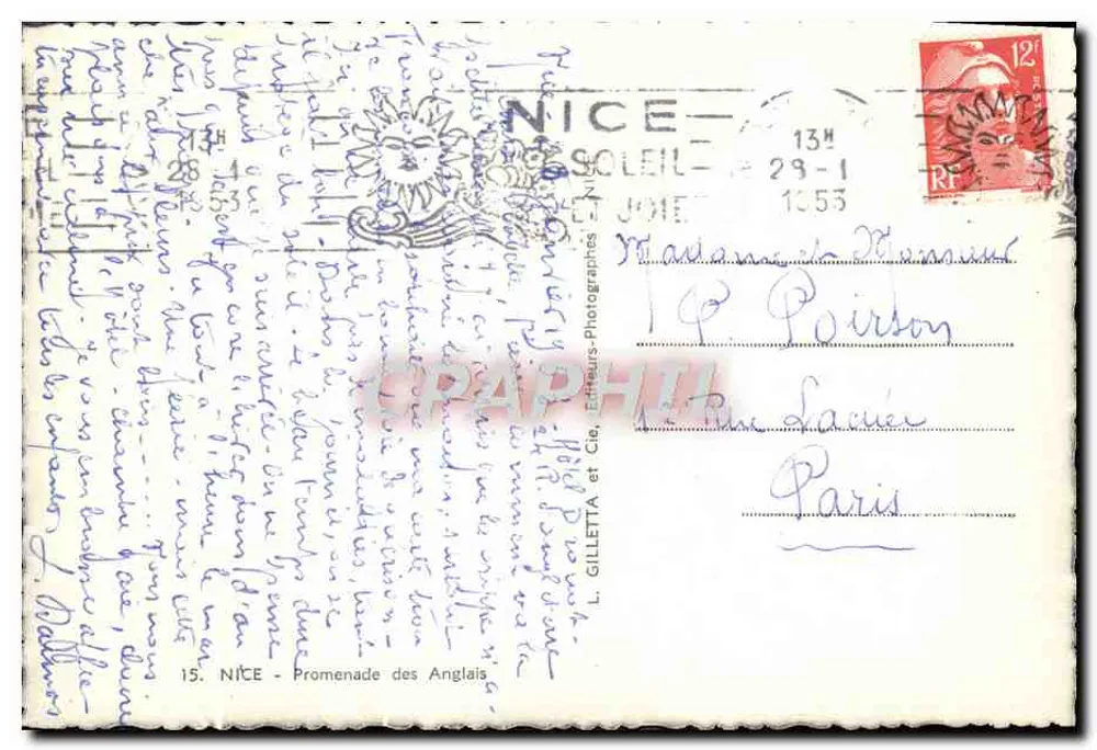 NICE - Promenade dos Ingleses — vista do mar e do barco — L. GILLETTE et Cie - Verso