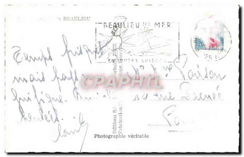 Beaulieu-sur-Mer — vista panorâmica — Souvenir de Beaulieu, Éditions S.A. Beaulieu sur Mer - Verso