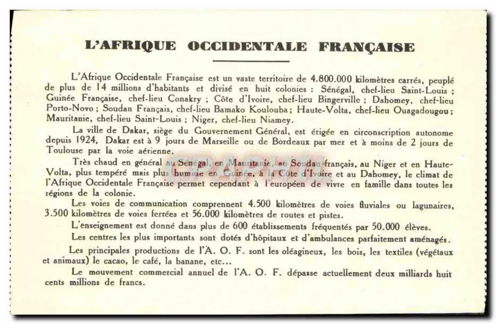 Westafrikanische Französisch — geografische Karte und koloniale Beschreibung — unbekannter Verlag, Seriennummer nicht sichtbar - Rückseite