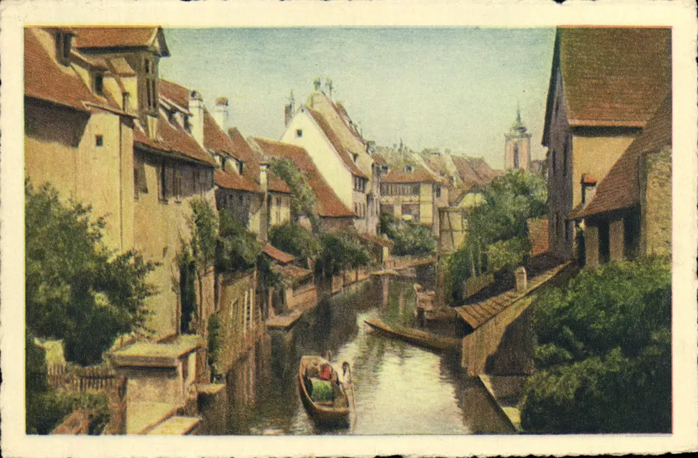 Canal de Colmar — vista pitoresca com barco — BRAUN & Cie - Mulhouse-Dornach - Frente