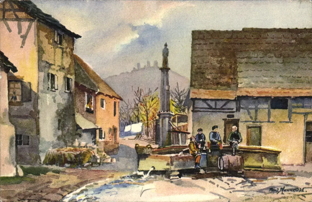 Eguishelm (Alsace) — vista da praça com fonte e estátua — desenho de Paul Mannesfeld - Frente