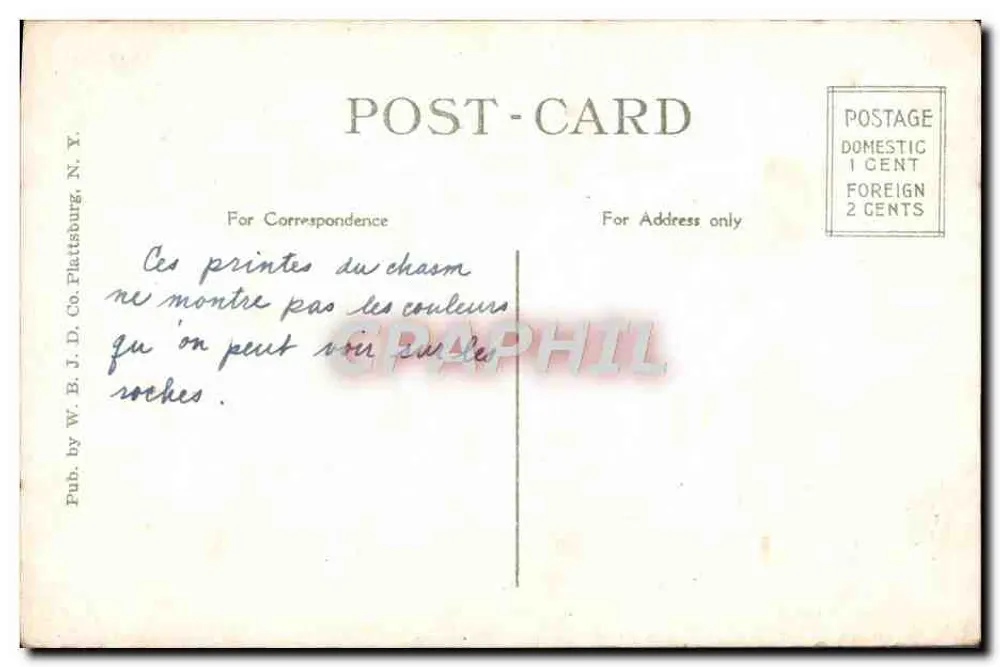Cabeça de Elefante, Ausable Chasm, N.Y. — vista de falésias estratificadas — Publicado por W. B. J. D. Co. Plattsburg, N.Y. - Verso