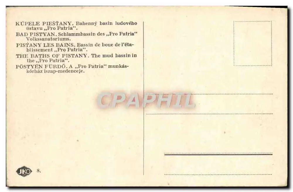 Baden in Pisteany — modderbad van het « Pro Patria » — uitgever JKO, n°8 - Achterkant