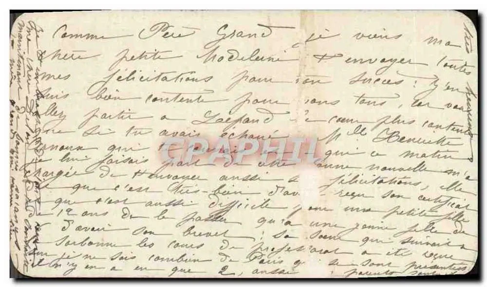 Carta postal manuscrita — Carta de felicitações para uma neta — Assinada 'P. M. M.' - Verso