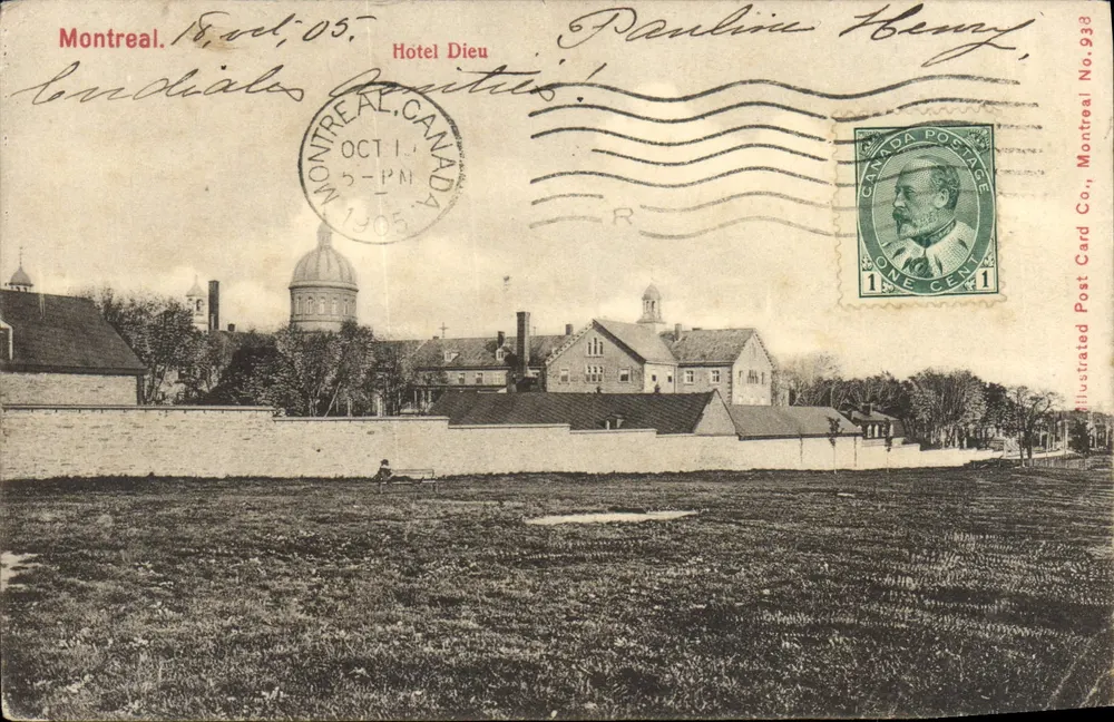 Hôtel Dieu de Montréal — vue extérieure avec mur d'enceinte — éditeur Illustrated Post Card Co., n°938 - Voorkant