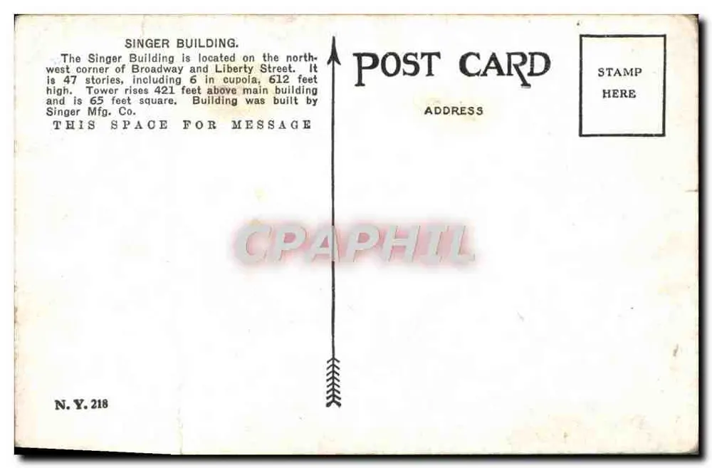 Singer Bldg., N.Y. — tour de 612 pieds — éditeur Irving Underhill - Verso