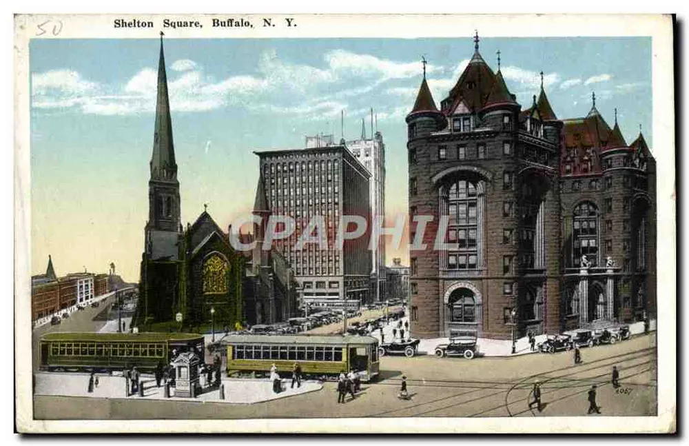 Shelton Square, Buffalo, N. Y. — vue de l'église avec clocher et bâtiment à tourelles — éditeur P. L. Eng Co, Buffalo, N.Y. n° 6067 - Frente