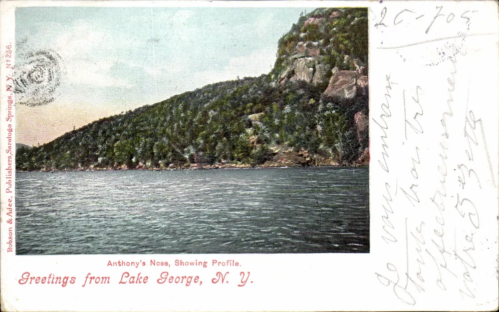 Anthony's Nose, Mostrando o Perfil — Saudações de Lake George, N.Y. — Robson & Adee, Editores, Saratoga Springs, N.Y. N°256 - Frente