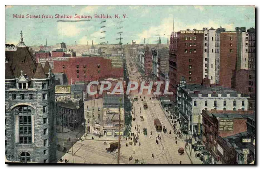 Main Street vanaf Shelton Square, Buffalo, N.Y. — panoramische weergave — onbekende uitgever, serie-nummer niet zichtbaar - Voorkant