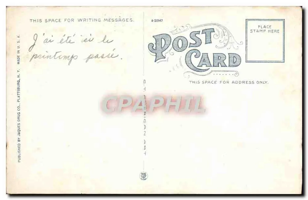 Table Rock, Ausable Chasm, N.Y. — vista do canyon com escada e abrigo — editor Jaques Drug Co., Plattsburgh, N.Y. - Verso