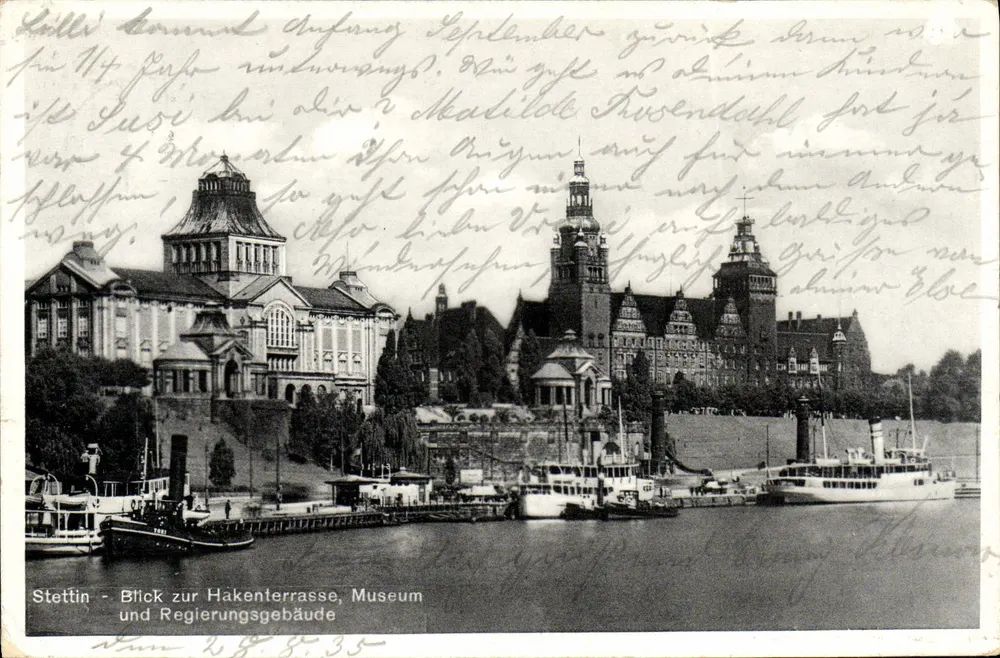 Stettin - Blick zur Haken Terrasse, Museum und Regierungsgebäude — Verlag Schünning & Co. Libbeck, Nr. 4237 - Vorderseite