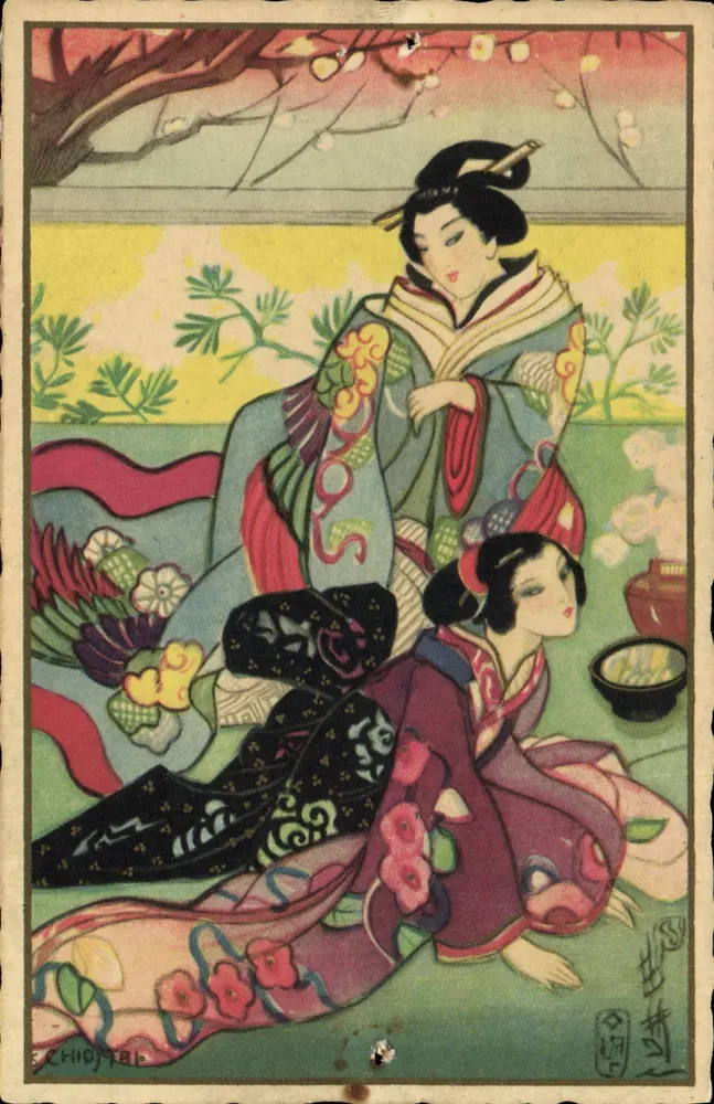 Deux geishas sous des branches de cerisier — illustration de Chiota — éditeur Casa Editrice Ballerini & Pratini, n°290 - Frente