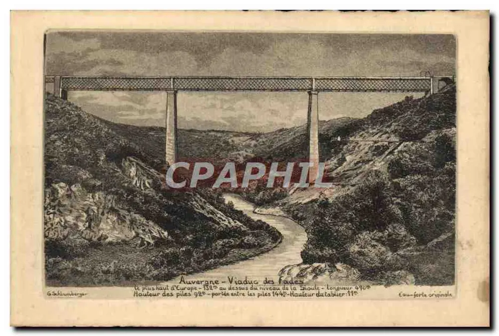Auvergne - Viaduc der Fades — G. Schlumberger — Originale Kupferstich - Vorderseite