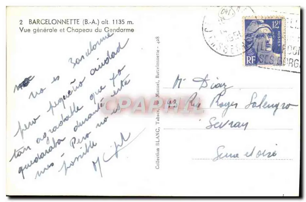 Barcelonnette (B.A.) — Vista geral e Chapéu do Policial — Tabas, Barcelonnette - 428 - Verso