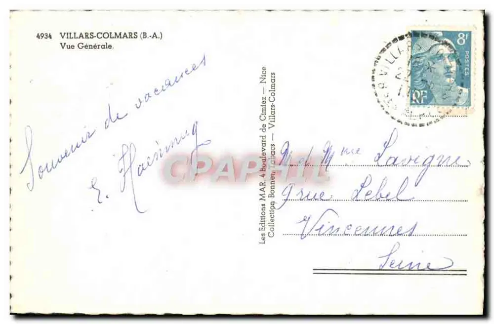 Villars-Colmars — Vista Geral — Edições MAR, Nice - Verso