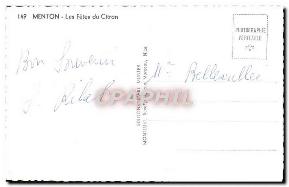 Menton - Les Fêtes du Citron — Éditions D'Art Munier, n°149 - Verso