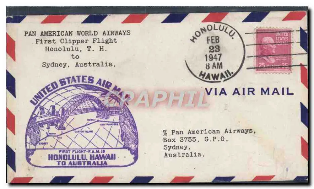 Erster Flug der Clippers von Pan American World Airways — Honolulu nach Sydney — 23. Februar 1947 - Vorderseite