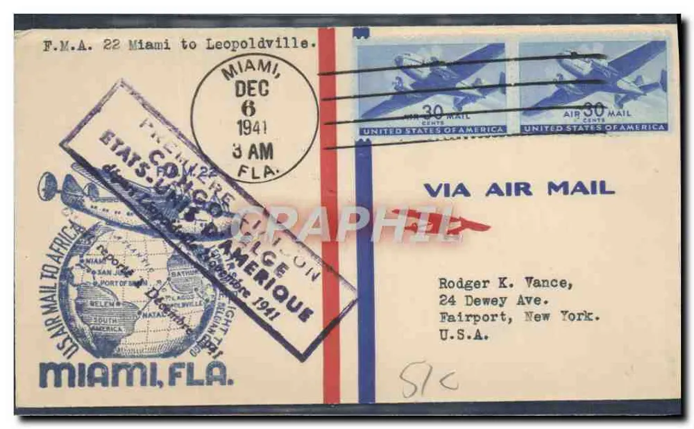 Miami — Luftpost nach Leopoldville — F.M.A. 22 — Miami, FLA. - Vorderseite