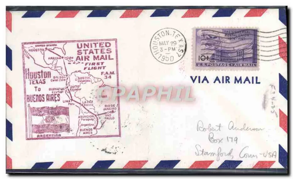 Houston, Texas — United States Air Mail First Flug — über Buenos Aires - Vorderseite