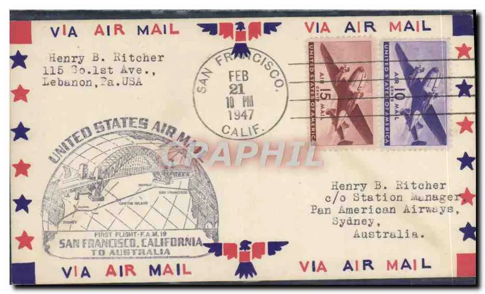 Erster Flug San Francisco-Californien nach Australien — Vereinigte Staaten Luftpost — Verleger nicht sichtbar - Vorderseite