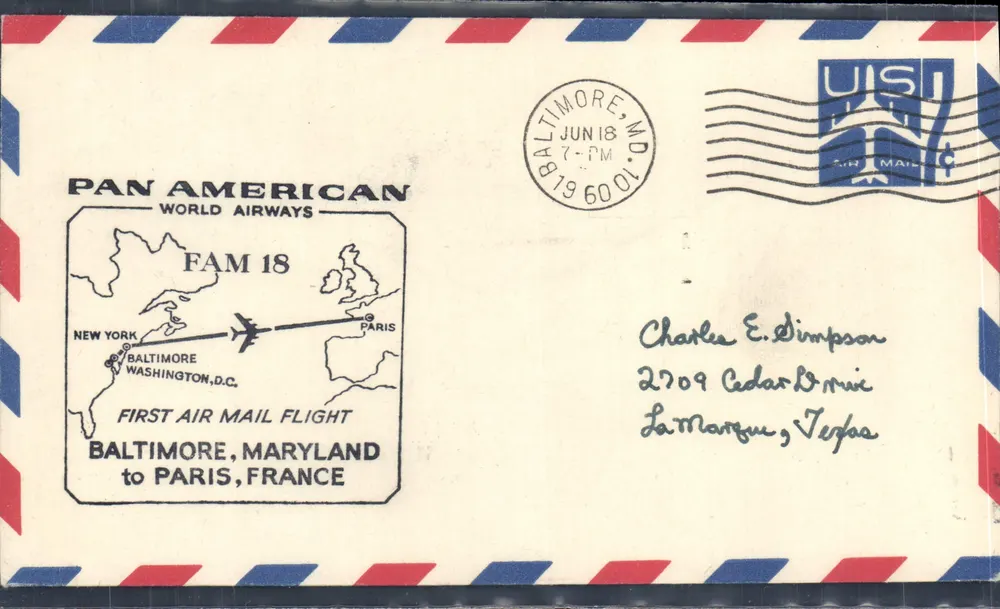 Baltimore, Maryland — erster Luftpostflug nach Paris — Pan American World Airways - Vorderseite