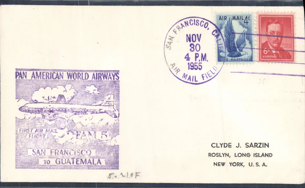 Erster Luftpostflug von San Francisco nach Guatemala — Pan American World Airways — unbekannter Verlag, Seriennummer nicht sichtbar - Vorderseite