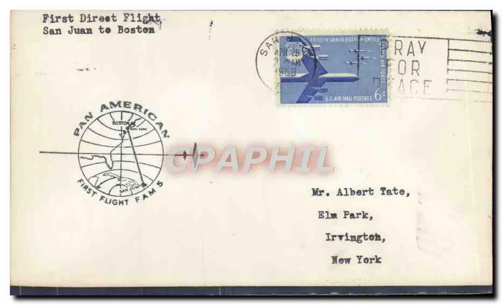 Erster Direktflug von San Juan nach Boston — Pan American — 6¢ U.S. Air Mail - Vorderseite