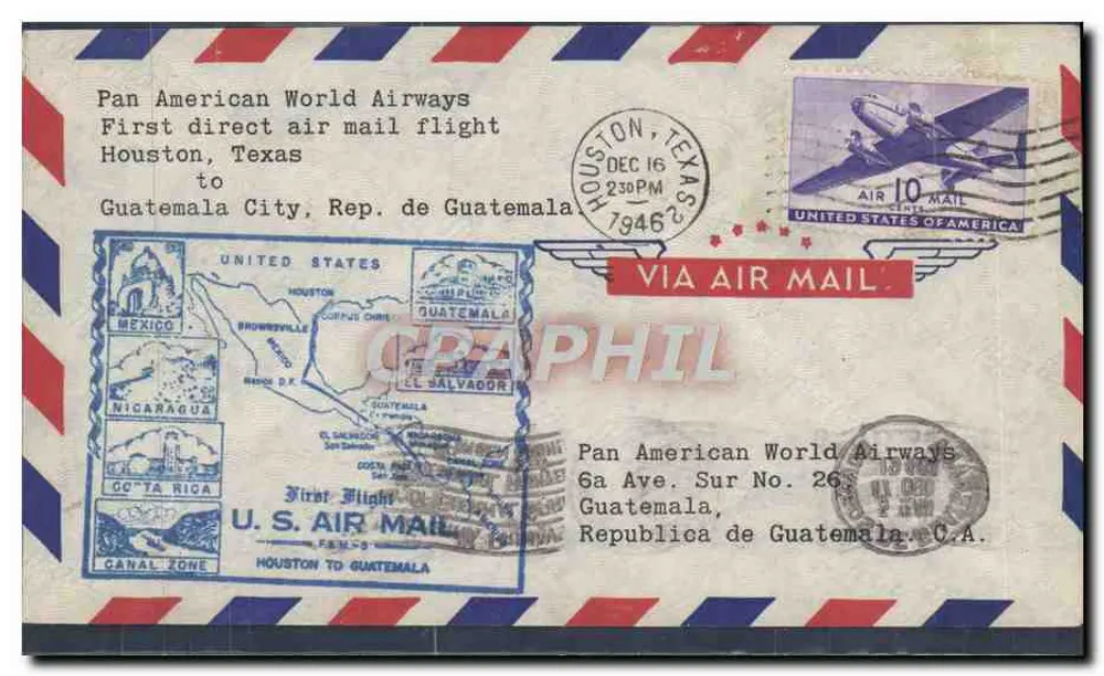 Erster direkter Flug Houston - Guatemala — Pan American World Airways — Houston, Texas - Vorderseite