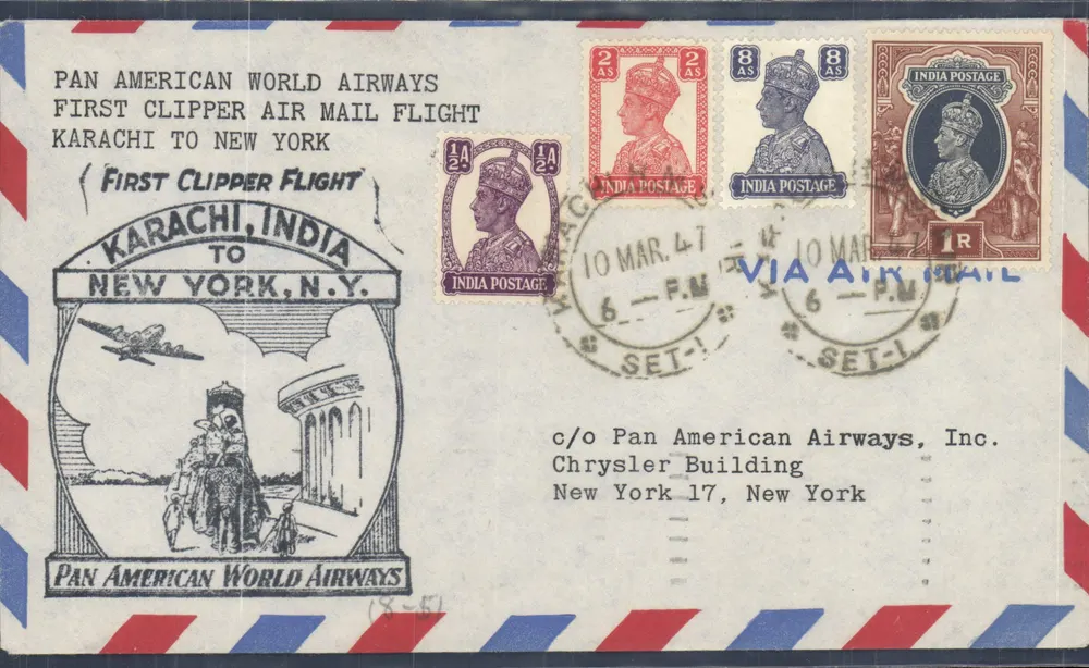 Erster Flug von Karachi nach New York — Pan American World Airways — 10. März 1947 - Vorderseite