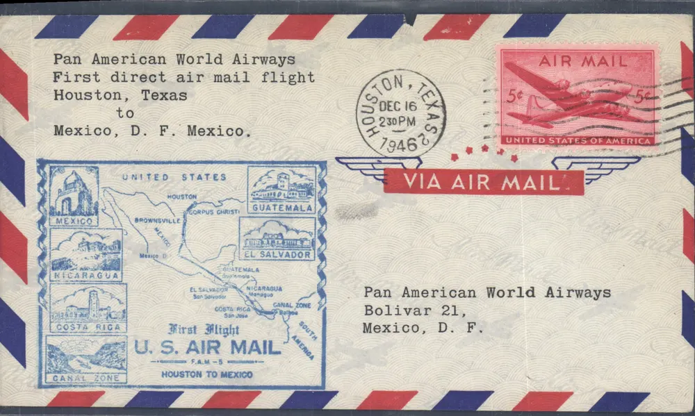 Erster direkter Flug Houston - Mexiko — Pan American World Airways — 1946 - Vorderseite