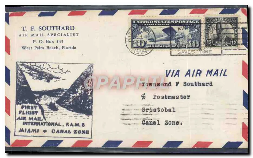 Erster Luftpostflug Miami - Canal Zone — T. F. Southard, Spezialist für Luftpost — Verlag F.A.M.5 - Vorderseite