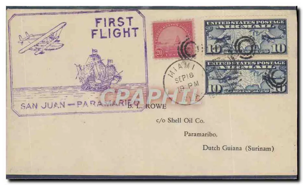 San Juan - Paramaribo — First Flight — B.L. Rowe - Vorderseite