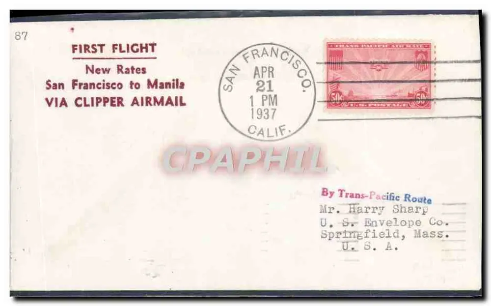 Erster Flug San Francisco-Manila — Neue Tarife — U.S. Envelope Co. n°87 - Vorderseite