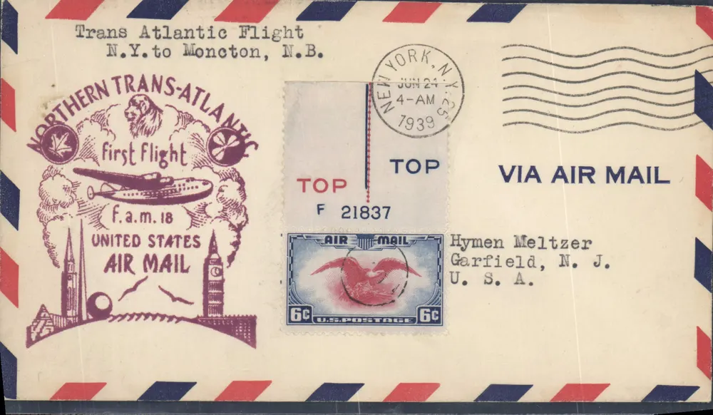 Erster Transatlantik-Flug N.Y. nach Moncton, N.B. — Northern Trans-Atlantic — United States Air Mail - Vorderseite