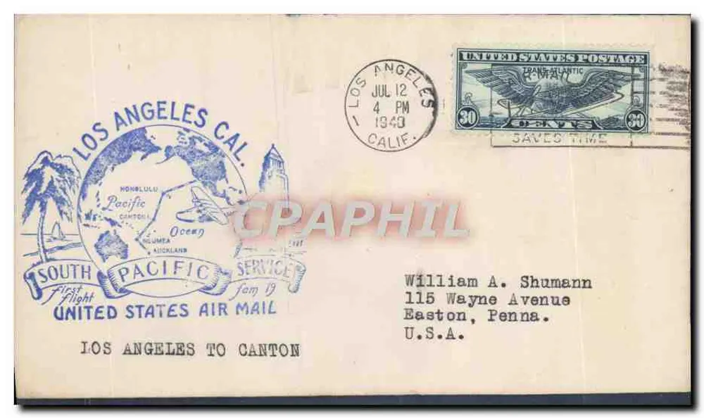 Los Angeles, Kalifornien — Erster Transpazif-Flug — South Pacific Service - Vorderseite