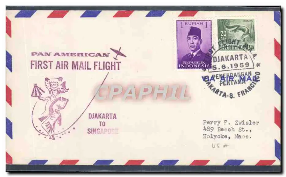 Erster Flug Jakarta-Singapur — Pan American — 5.6.1959 - Vorderseite