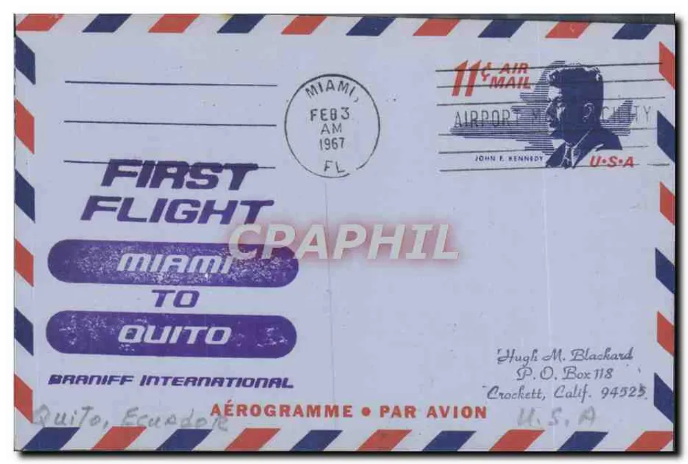 Erster Flug von Miami nach Quito — Barniff International — Miami, FL, 3. Februar 1967 - Vorderseite