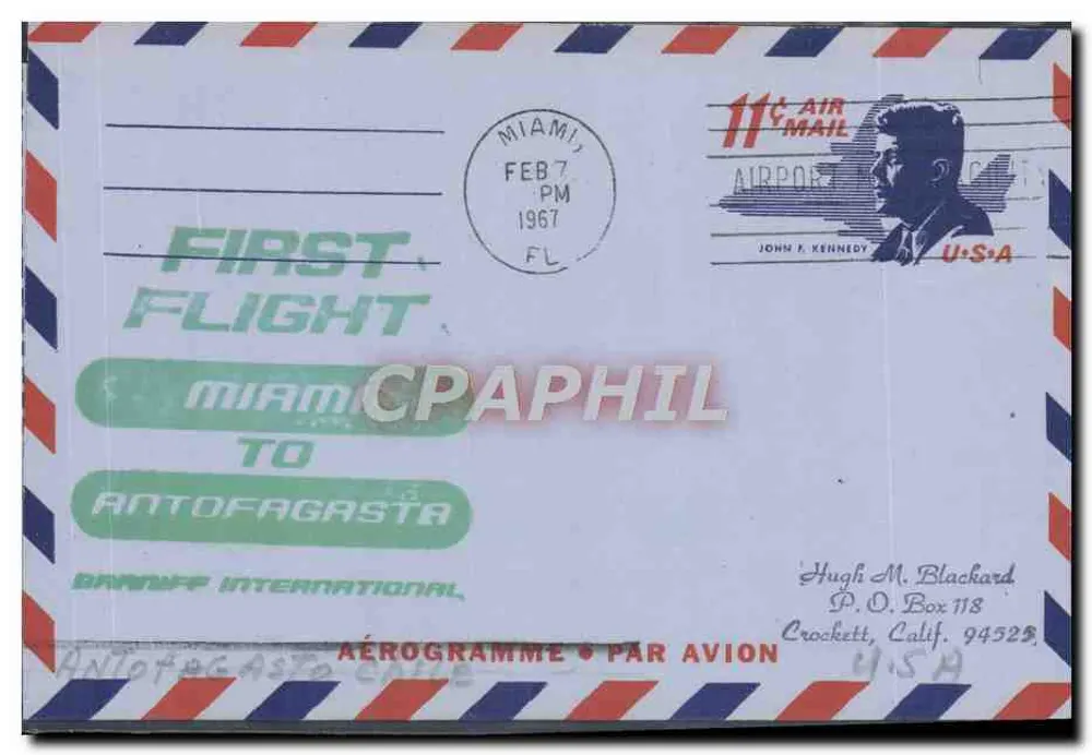 Erster Flug von Miami nach Antofagasta — Miami Airport, Florida — 11¢ Air Mail John F. Kennedy - Vorderseite