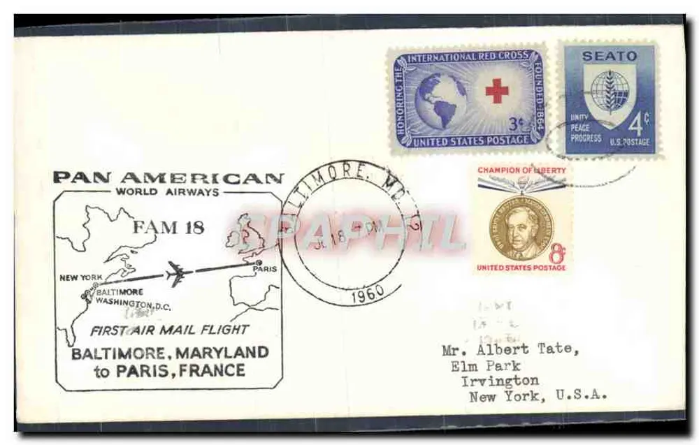 Erster Flug von Pan American Airways Baltimore-Paris — 18. Juli 1960 — Verlag Pan American World Airways - Vorderseite