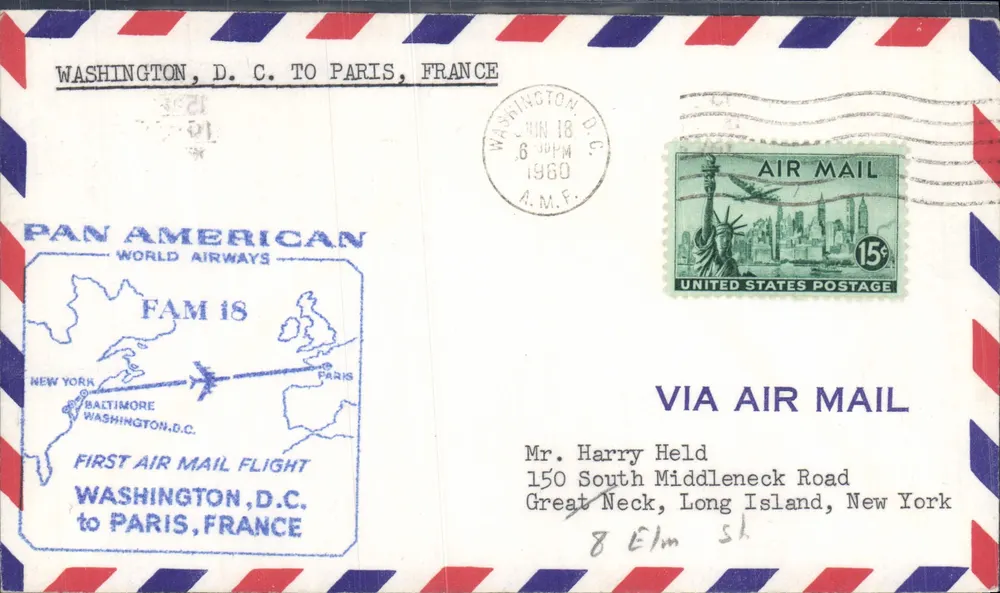 Washington, D.C. nach Paris, Frankreich — Erster Luftpostflug Pan American World Airways — Verleger Pan American World Airways, Nr. FAM 18 - Vorderseite
