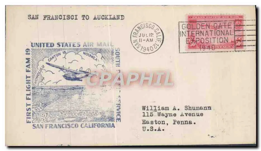 Erster Flug FAM 1940 — San Francisco nach Auckland — United States Air Mail — Verlag: South Pacific Service - Vorderseite