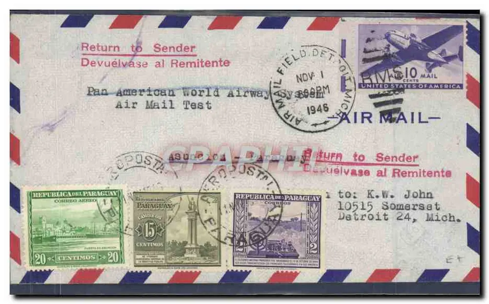 Test Luftpost Pan American World Airways — Paraguay — Detroit, Michigan — 1946 - Vorderseite