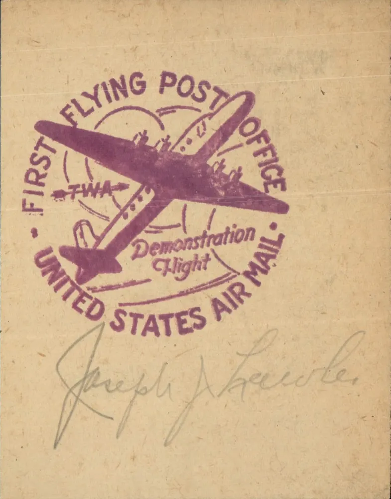 Primeiro voo postal aéreo TWA — Escritório postal aéreo dos Estados Unidos — assinatura de Joseph P. Kennedy - Frente