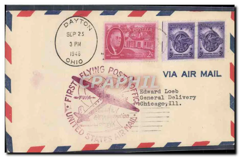 Dayton — Ohio — 25. September 1946 — erster Luftpostversand über TWA — Verlag: United States Post Office - Vorderseite