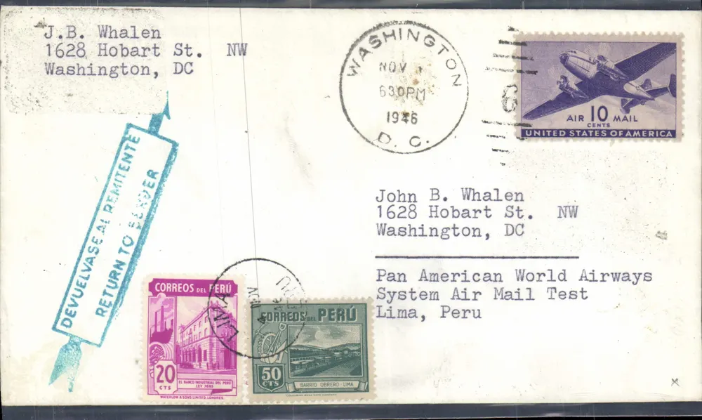 Washington D.C. — Pan American World Airways Test — Lima, Peru — 1946 - Vorderseite